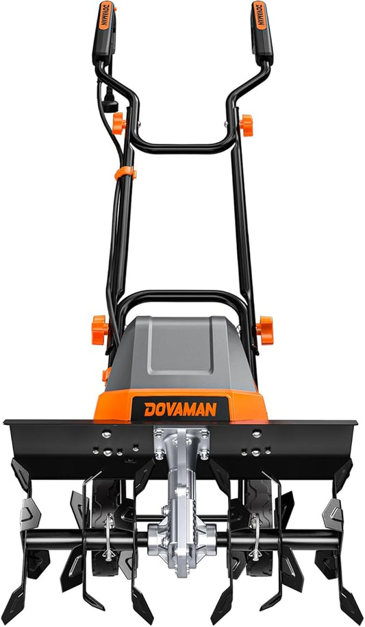 DOVAMAN 18-Inch Electric Garden Tiller, 15-Amp Corded Cultivator with Up to 9-Inch Tilling Depth, 4-Position Adjustable Wheels & Foldable Handle for Soil Preparation