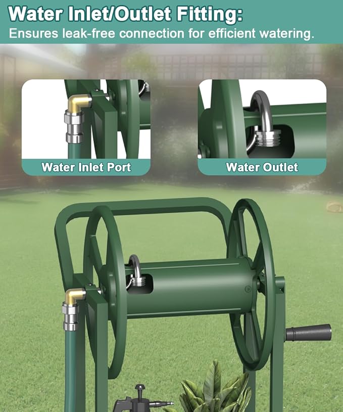 Artigarden Garden Hose Reel Cart with Wheels, Outdoor Heavy Duty Powder Coated Steel Water Winder Storage Holds 125 ft 5/8" Hose with 3.9ft Leader Hose and Basket for Backyard, Yard, Lawn, Green