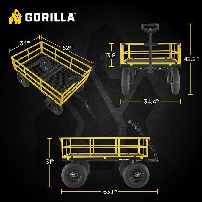 Gorilla Carts 1,400 lb Steel Utility Garden Cart, Heavy Duty 4-Wheel Yard Cart with Convertible 2-in-1 Handle & Removable Sides, 12 cu ft, Black/Yellow