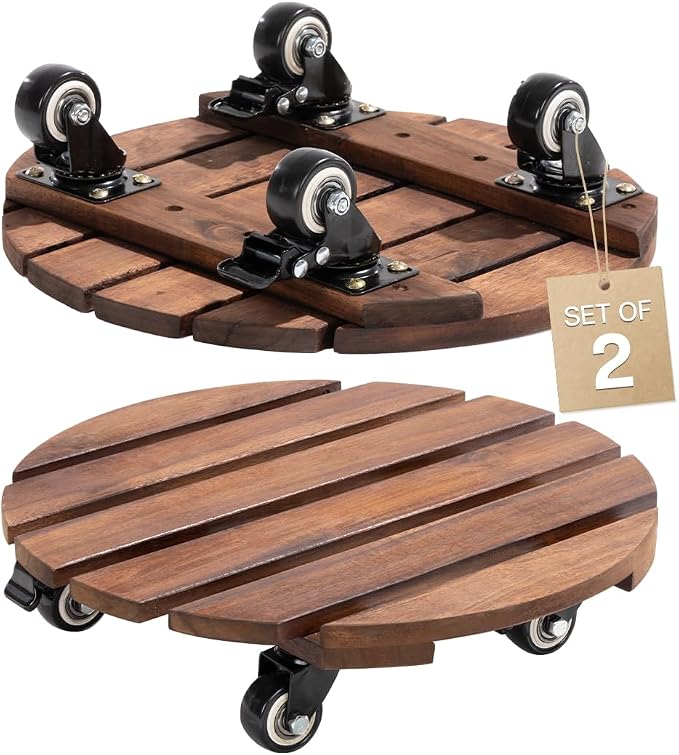 2-Pack 14 Inch Acacia Wood Plant Caddy with Wheels – Heavy-Duty Plant Dolly with 264 Lbs Capacity, 360° Lockable Wheels for Large Plant Pots, Heavy Objects, Ideal for Indoor and Outdoor Use