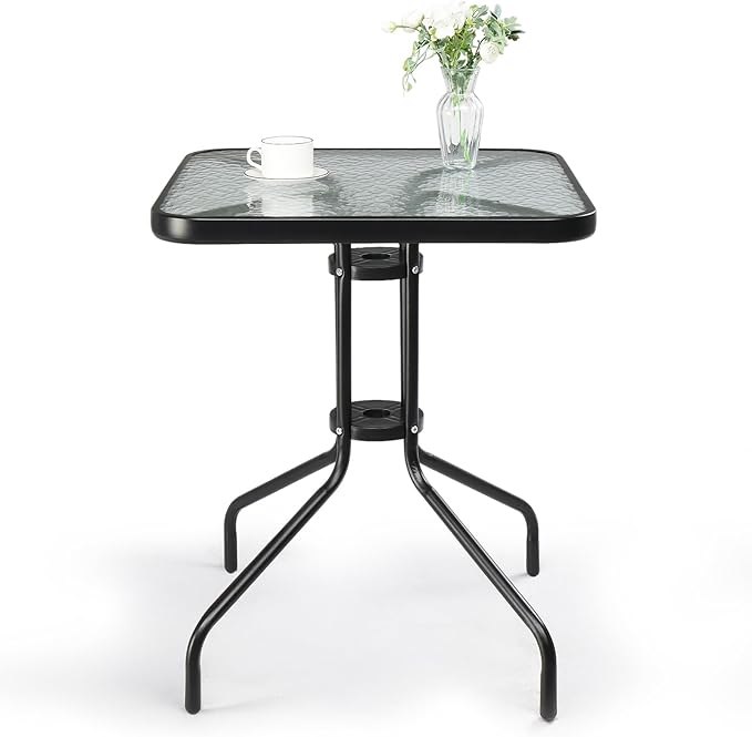 VINGLI Outdoor Bistro Table, 24" Patio Table Steel Frame Tempered Glass Top, Dining Tables for Balcony Garden Poolside (24'' Square)