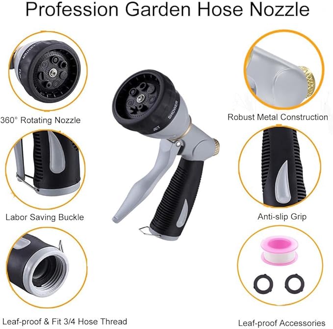 Garden Hose Nozzle Heavy Duty,100% Metal High Pressure Water Hose Sprayer Nozzle with 8 Adjustable Spray Patterns, Non-Slip Grip Hose Sprayer Outdoor for Watering Plants & Lawns, Washing Cars & Pets