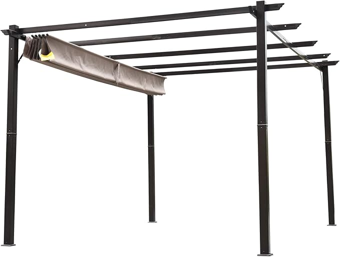 Outsunny 10' x 13' Aluminum Patio Pergola with Retractable Pergola Canopy, Backyard Shade Shelter for Porch, Outdoor Party, Garden, Grill Gazebo, Brown