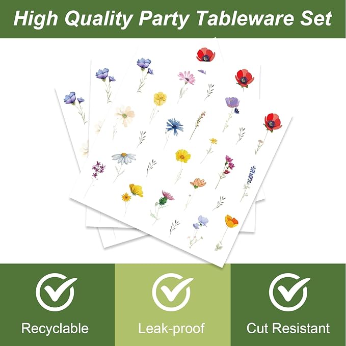 48Pcs Wildflower Party Decorations Garden Flower Decorations for Party or Baby Shower Supplies Plates Napkins Forks Set for 16 Guests