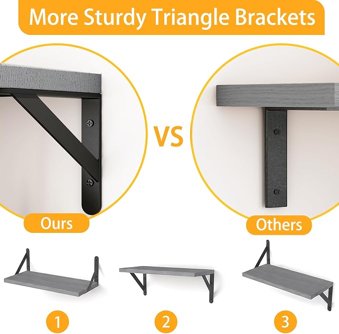 YGEOMER 4 Different Sizes Floating Shelves for Wall Home Decor, Grey | Rustic wood shelves in mixed sizes for flexible combined storage. Fits bathroom, kitchen, living room, bedroom and office.