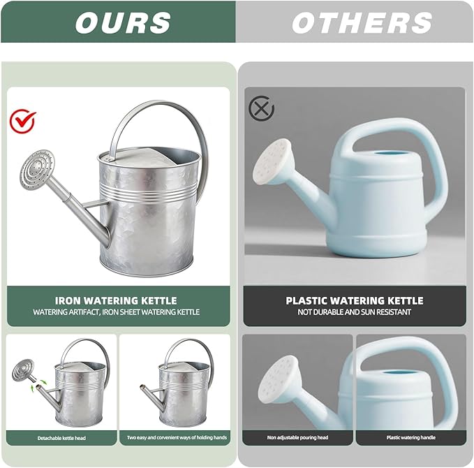 9.5L Metal Watering Can for Outdoor Garden, Galvanized Steel Large Watering Can Pot with Top Handle and Long Spout, Rust-Resistant Water Can for Flower, Lawns, and Farm Use