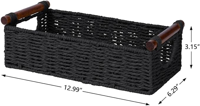 CubesLand Small Wicker Toilet Basket Tray Organizer W/Cut Out Handle | Handwoven Slim Decorative Basket for Countertop, Shelves And for Rustic Home Decor, Living Room, Nursery Organization, Black