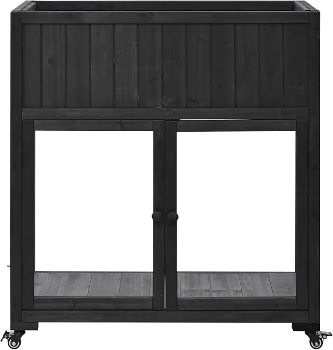 Geelife Patio Mini Wood Cold Frame with 2 Doors, Raised Bed & Wheels - Black