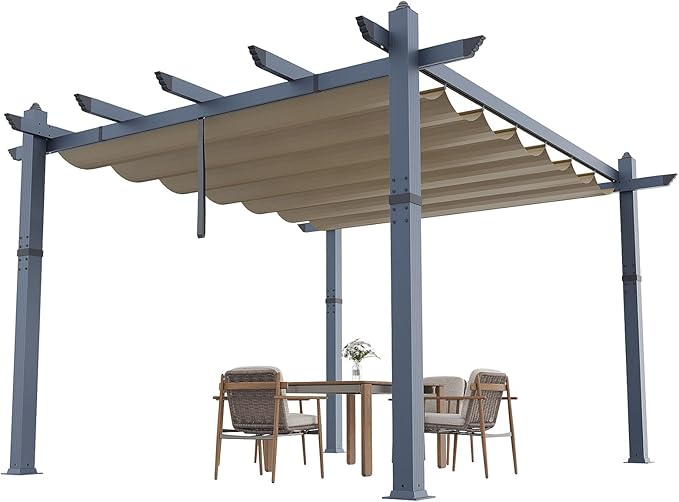 KYBOLT 10x13 Ft Aluminum Pergola with Retractable Canopy Metal Gazebo for Garden Modern Backyard Deck Grape Trellis(Khaki)