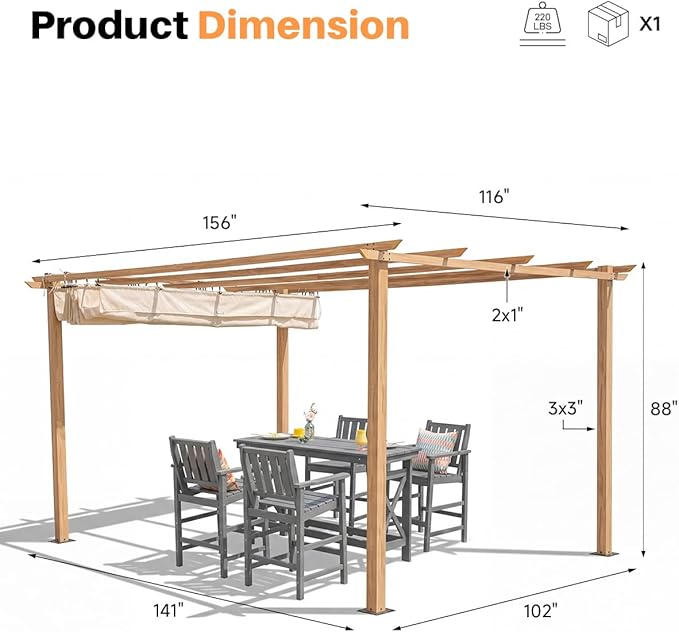 10' X 13' Outdoor Pergola with Retractable Canopy, Wood-Grain Aluminum Outdoor Retractable Pergola Canopy with Sun Shade Shelter, Modern Yard Grape Trellis Pergola for Deck Garden Lawn, Beige