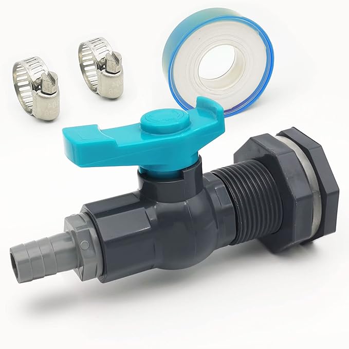Rain Barrel Spigot PVC Faucet Kit with Bulkhead Fitting, Ball Valve, Garden Hose Barb Adapter, Pipe Clamps, Thread Seal Tape (for 12.5mm ID Hose)