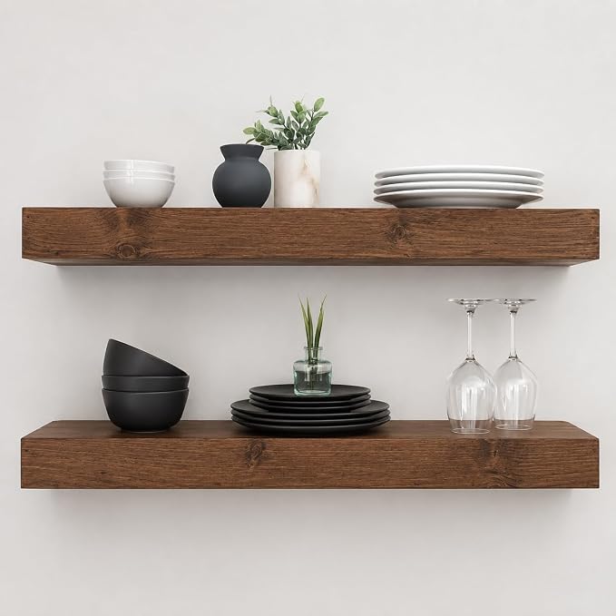 Urbandi Modern Floating Shelves 3 Inches Thick for Wall, Wide Shelves for Kitchen, Living Room, Bedroom, and Bathroom, Natural Pine Wood, Rustic Wooden Shelf, (Set of 2) (Provincial, 36Lx3Hx8D)