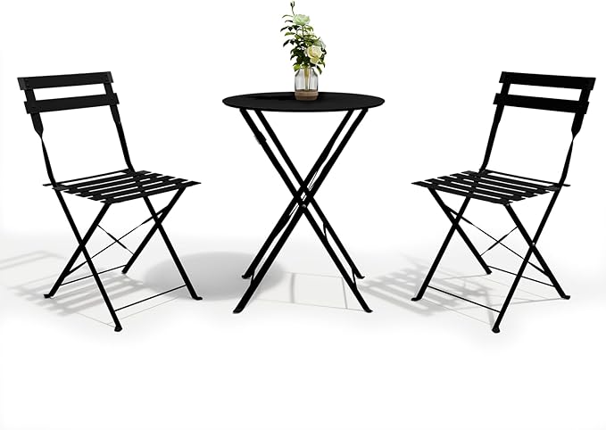 3-Piece Folding Bistro Set, 2 Chairs and 1 Coffee Table, Space Saving Weather-Resistant Frame, Portable Indoor/Outdoor Patio Furniture Conversation Set for Garden Porch Balcony Deck - Black