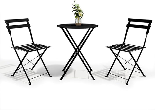 3-Piece Folding Bistro Set, 2 Chairs and 1 Coffee Table, Space Saving Weather-Resistant Frame, Portable Indoor/Outdoor Patio Furniture Conversation Set for Garden Porch Balcony Deck - Black