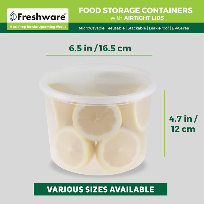 Freshware [72 Pack, 64 oz 1/2 Gallon Plastic Deli Food Storage Soup Containers With Airtight Lids, Slime Containers, Freezer Safe | Meal Prep | Stackable | Leakproof | BPA Free, Clear