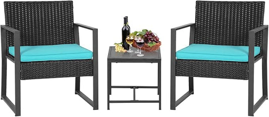 FDW | 3-Piece Patio Furniture Set | Blue | Outdoor Wicker Furniture with Coffee Table | Modern Rattan Chairs Conversation Set | Outdoor Seating | Weather-Resistant | for Porch, Garden, Lawn