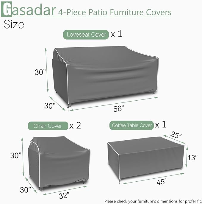 Gasadar Patio Furniture Covers, 4-Piece Outdoor Furniture Cover Waterproof for Patio Loveseat, Chair and Coffee Table, 500D Heavy Duty, Grey