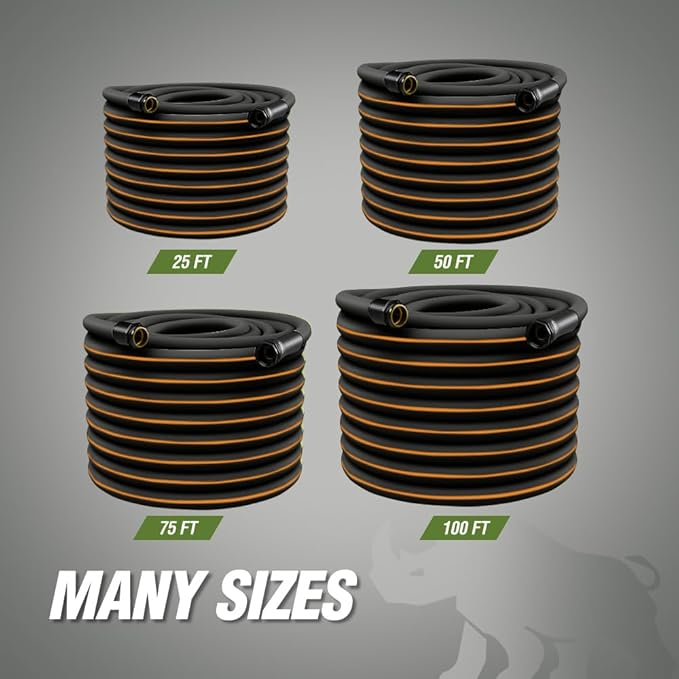 RUGGED RHINO Heavy Duty Garden Hose 50ft x 5/8in, Anti-Kink and Leakproof, Durable 4-Layer Construction, 500 PSI Burst, All Weather Outdoor Watering for Lawn, Garden, Flowers, Black and Orange