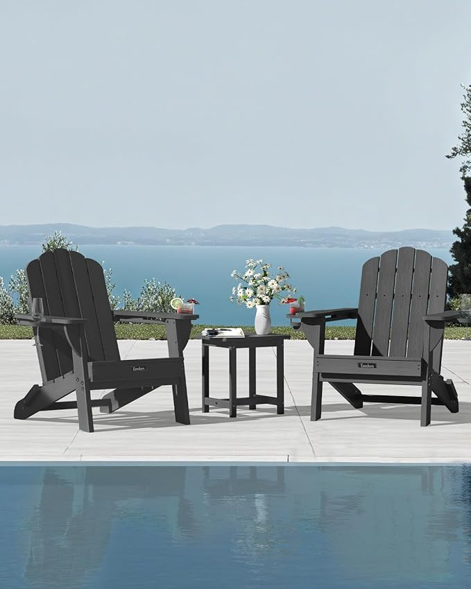 Adirondack Chairs Set of 2, Wood Texture Fire Pit Chairs, Plastic Adirondack Chairs with 2 Cup Holder, Outdoor Lawn Chair for Patio Garden, Dark Grey