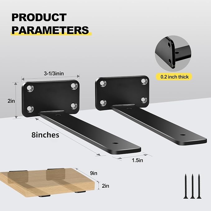 12 Pack - 8 inch Black Hidden L Shelf Bracket (1/5 Inch Thicked) Iron Floating Shelf Brackets Rustic Industrial Metal Brackets for Shelf Support