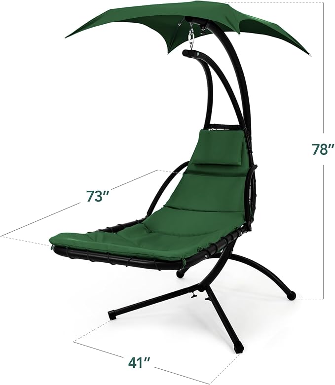 Best Choice Products Hanging LED-Lit Curved Chaise Lounge Chair Swing for Backyard, Patio, Lawn w/ 3 Light Settings, Weather-Resistant Pillow, Removable Canopy Shade, Steel Stand - Green