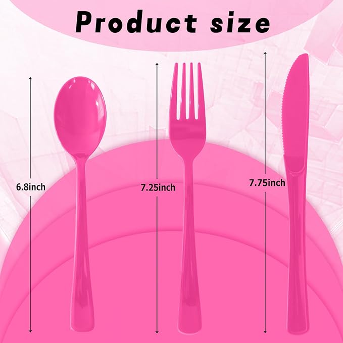 Plastic Silverware 150 PCS Disposable Silverware Heavy Duty Utensil Sets 50 Of Each Forks Knives & Spoons Disposable Cutlery Set For Easter,Birthday,Baby Shower,Garden Party,Wedding(150,Hot Pink)