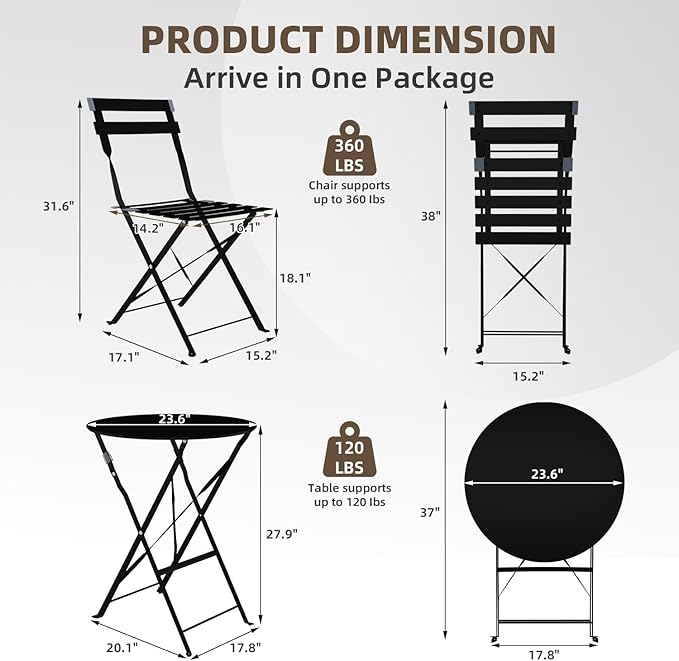 3-Piece Folding Bistro Set, 2 Chairs and 1 Coffee Table, Space Saving Weather-Resistant Frame, Portable Indoor/Outdoor Patio Furniture Conversation Set for Garden Porch Balcony Deck - Black
