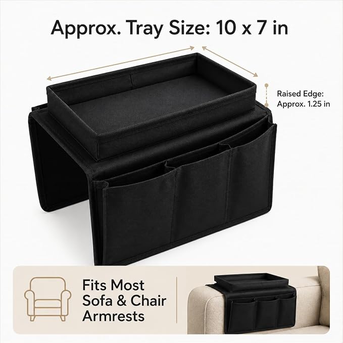 Dependable Industries inc. Essentials Sofa Armrest Organizer with Table - 5 Pockets, Anti-Slip Bottom, TV Remote Holder - Drapes Over Sofa Arm Relaxation and Convenience