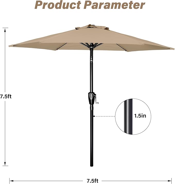 HealSmart 7.5ft Patio Umbrella with Push Button Tilt/Crank, Outdoor Table Market Yard Umbrella, 6 Sturdy Ribs for Garden, Deck, Backyard, Pool