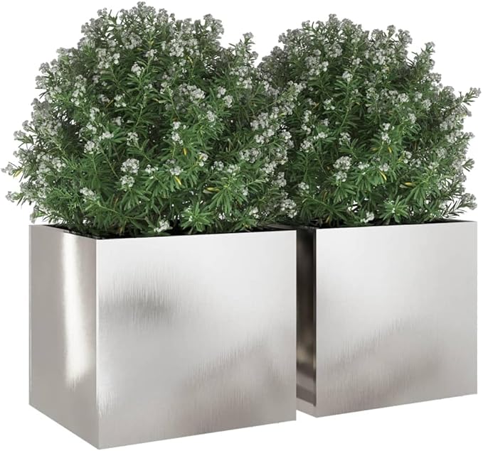 Stainless Steel Planter Set of 2 Medium Silver Rectangular Planters for Outdoor Garden Balcony Patio Decor Durable Rust-Resistant