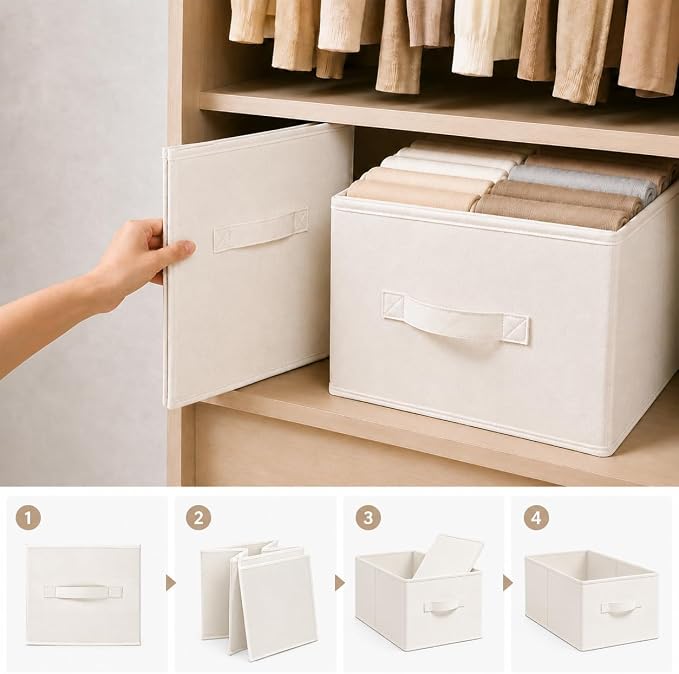 3-Pack Closet Storage Bins, Foldable Fabric Storage Baskets, Beige | Thickened Rigid PP Panels, Cotton-linen Shelf Baskets, Measure 14.75"L x 10.25"W x 8.25"H for Clothes, Closets and Drawers