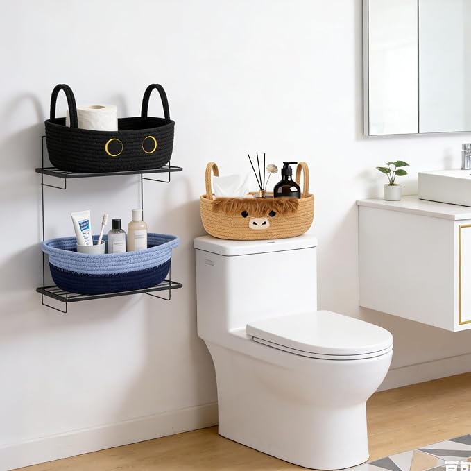 Toilet Highland Cute Cow Paper Basket–Oval Woven Bathroom Organizer