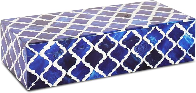 Handicrafts Home Decorative Storage Box with Lid, Moroccan Coffee Table Storage Box Organizer, Wooden Keepsake Jewelry Box, Decorative Desk Console Storage Box, Blue, 10 x 4.5 x 2.5