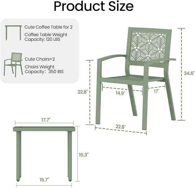 BUPPLEE 3 Piece Patio Bistro Set, Outdoor Steel Furniture Set, Stackable Modern Conversation Sets for Balcony Garden Deck Patio w/2 Chairs 1 Table, Sauge Green