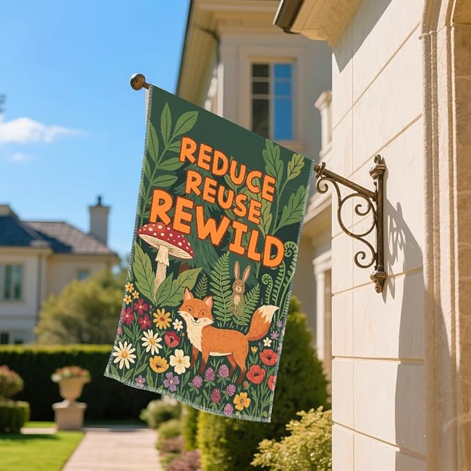 Reduce Reuse Rewild Garden Flags for Outside, Sustainable Garden Flag, Porch Banner for Nature Lovers, Eco-Friendly Yard Sign, Earth Day Front Porch Decor, Cut Fox with Forest Sign Yard Flag