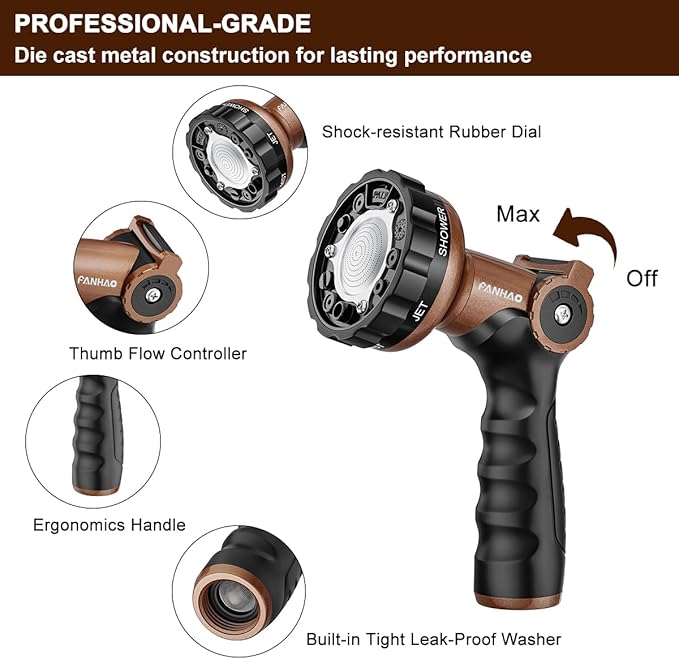 FANHAO Heavy Duty Garden Hose Nozzle, Metal Water Hose Sprayer with 6 Adjustable Patterns, High Pressure Water Nozzle with Thumb Control, On Off Valve for Car Washing, Garden & Pets Showering