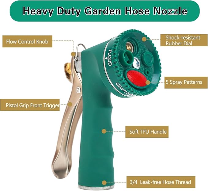 Garden Hose Nozzle, Heavy Duty Metal Spray Nozzle with Tie Rods Made of Brass, High Pressure Hose Nozzle with Non-Slip Grip Handle for Watering Garden, Washing Cars and Showering Pets (Green)