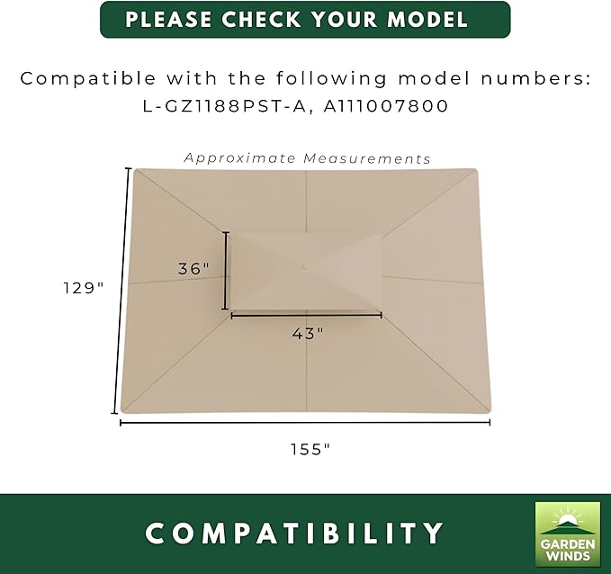 Garden Winds Durable 350 Replacement Canopy Top Compatible with Oakmont 10' x 12' Gazebo Models L-GZ1188PST-A, A111007800 - Beige