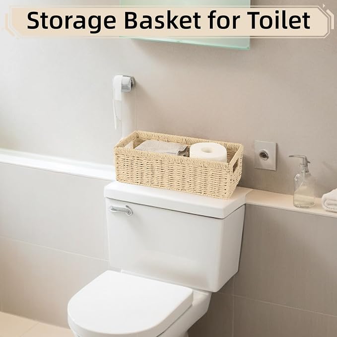 2 Pack Paper Rope Wicker Baskets with Handles, Storage Wicke Baskets for Shelves Organizing, Natural Color Toilet Basket Tank Topper, Small Woven Baskets for Storage, 14.17x6.1x4.72in