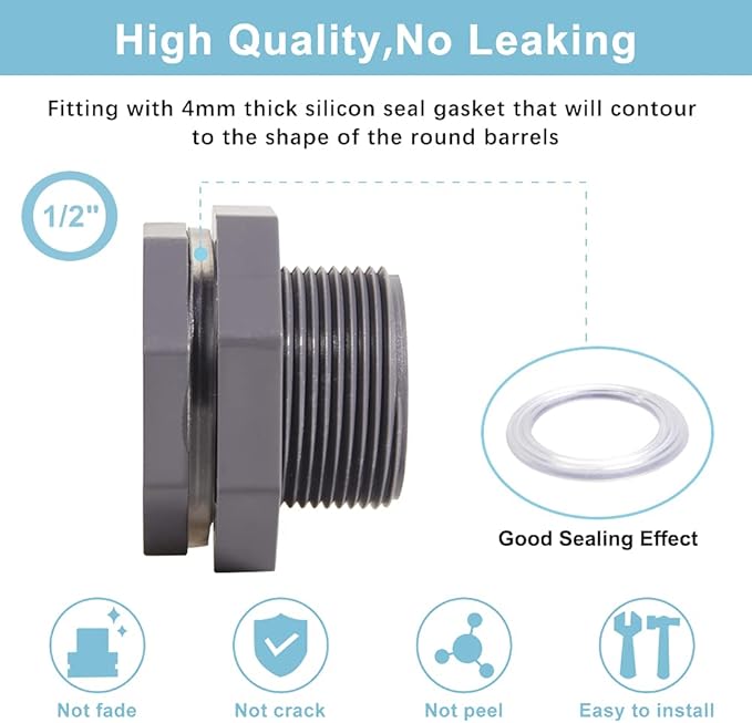 Ququyi 1/2 Inch PVC Bulkhead Water Tank Connector Adapter Fitting with Plugs Thru-Bulk Pipe Fitting for Rain Barrels, Aquariums, Ponds(Set of 3)