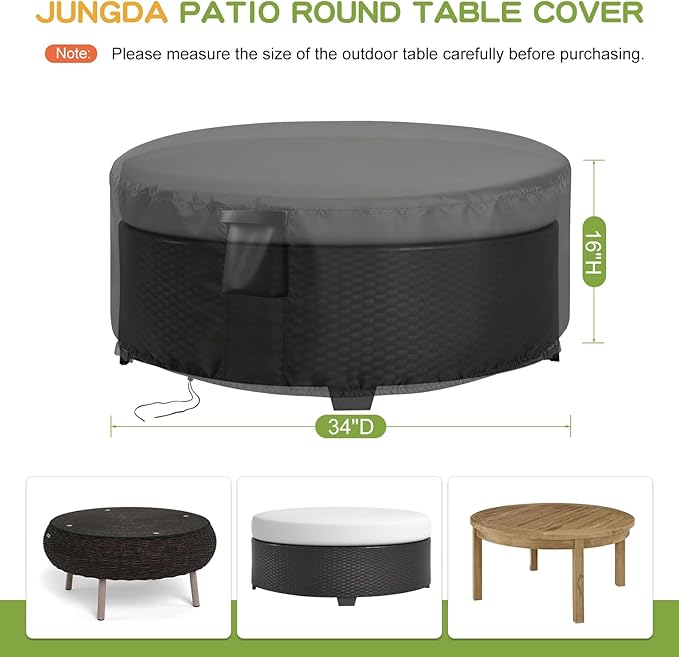 Patio Furniture Covers Round, 34 Inch Outdoor Dinner Table Cover Waterproof, Round Patio Coffee Table Cover for All Weather Resistant - 34 x 16 Inch
