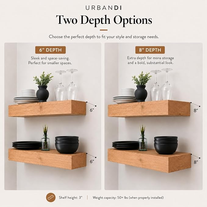 Urbandi Modern Floating Shelves 3 Inches Thick for Wall, Wide Shelves for Kitchen, Living Room, Bedroom, and Bathroom, Natural Pine Wood, Rustic Wooden Shelf, (Set of 2) (Aged Oak, 24Lx3Hx8D)