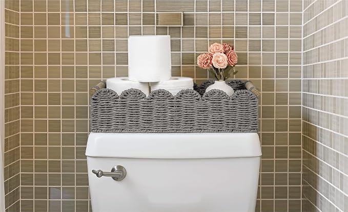 CubesLand Toilet Paper Storage Basket for Over Toilet Tank Storage | Handwoven Scalloped Shelves Basket for Organizing, Home Decor Baskets for Shelf, Countertop, Living Room, Bedroom, Grey