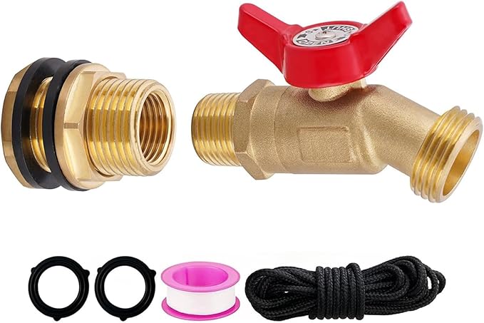 Brass Water Container Rain Barrel Faucets Spigot Kit 3/4" GHT Brass Rain Barrel Quarter Turn Ball Valve Spigot with Bulkhead Fitting Suitable for Garden Hose Thread Connection