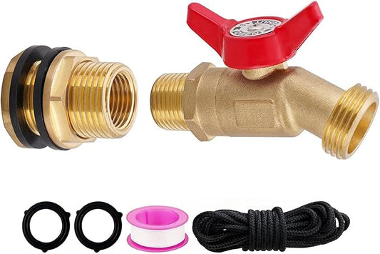 Brass Water Container Rain Barrel Faucets Spigot Kit 3/4" GHT Brass Rain Barrel Quarter Turn Ball Valve Spigot with Bulkhead Fitting Suitable for Garden Hose Thread Connection