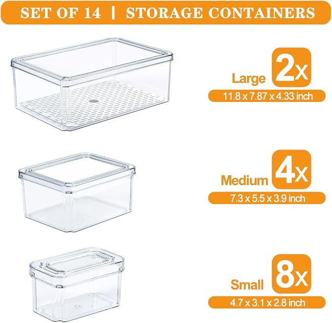 14Pack Fridge Organizer, Stackable Refrigerator Organizer Bins with Lids