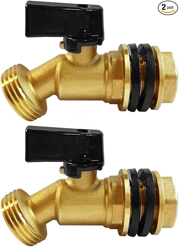Uenede Brass Water Container Rain Barrel Faucets Spigot 3/4" G Male Thread Large Inlet to 3/4" GHT Male Thread Outlet with Quarter Turn Ball Valve Include Bulkhead Fitting and Washers 2PCS