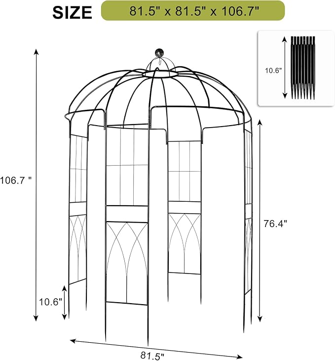 French Style Birdcage Shape Heavy Duty Gazebo,106.7''Highx 81.5''Wide,Pergola Pavilion Arch Arbor Arbour Plants Stand Rack for Wedding Outdoor Garden Lawn Backyard Patio,Climbing Vines,Roses,Black