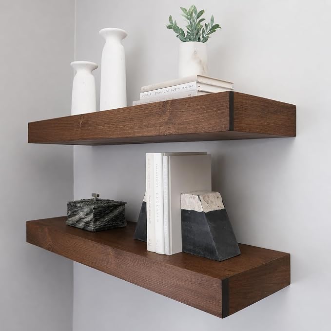 Urbandi Modern Floating Shelves 3 Inches Thick for Wall, Wide Shelves for Kitchen, Living Room, Bedroom, and Bathroom, Natural Pine Wood, Rustic Wooden Shelf, (Set of 2) (Provincial, 36Lx3Hx8D)