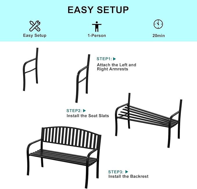 50" Heavy Duty Outdoor Bench, Metal Weatherproof Garden Bench Cast Iron Heavy-Duty Patio Bench with Decorative Backrest for Proch Park 880lb Capacity